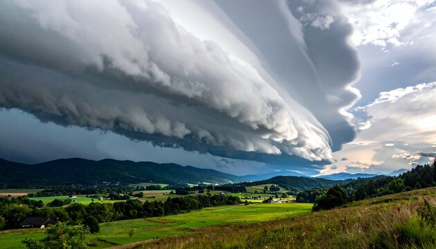 storm clouds rolling low over a quiet valley, dramatic but natural lighting