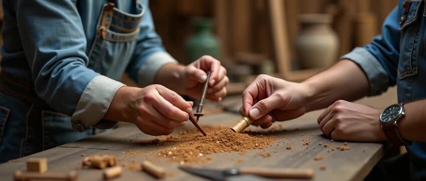 Craftsmen meticulously carve intricate designs in wood shavings, hands in motion, as the camera gently pans through a rustic workshop, capturing the serene ambiance in a cinematic style.
