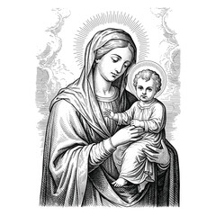 Engraving of Virgin Mary holding the Baby Jesus with a holy halo
