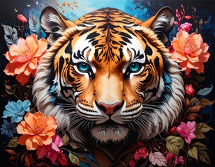 A detailed tiger portrait surrounded by vibrant flowers and lush foliage against a dark, painterly background