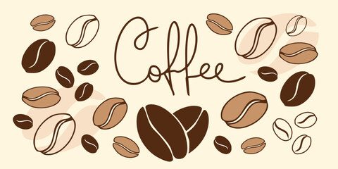 Hand drawn coffee lettering with scattered coffee beans in warm brown tones on a light background