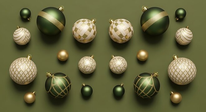 Assortment of elegant green and gold Christmas ornaments arranged on a muted olive background