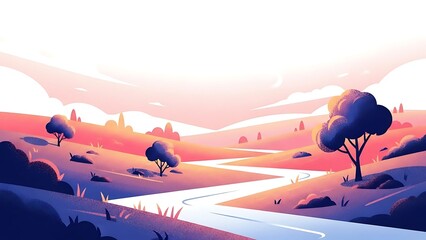 Scenic landscape with winding river flowing through rolling hills under a soft, gradient sky at dawn or dusk