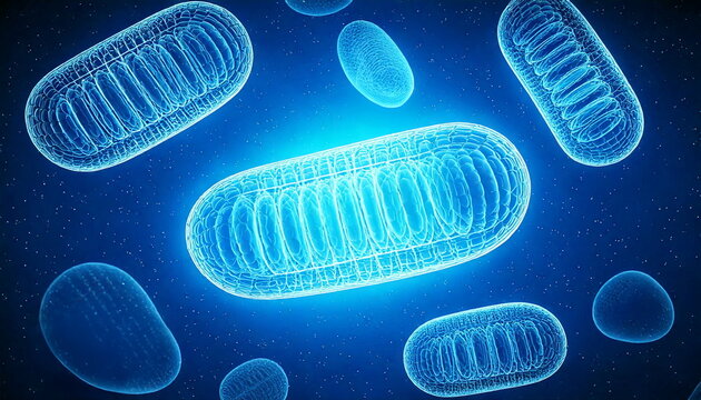ミトコンドリアのエネルギー産生イメージ  光り輝くATP合成の科学イラスト  Mitochondria