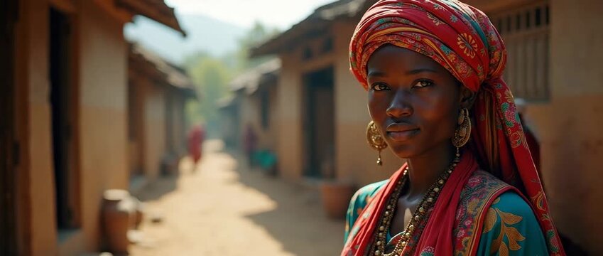 Vibrant street scene with woman in traditional attire, gently swaying in the breeze, as the camera slowly pans through a picturesque village, capturing the essence of cultural heritage in cinematic st