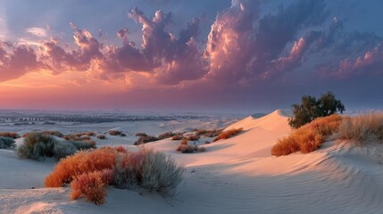 Desert landscape bathed in golden hour light with rippled sand dunes and colorful clouds