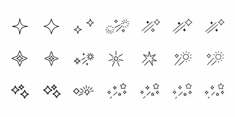 Variety of sparkling star and light effect line icons arranged in rows