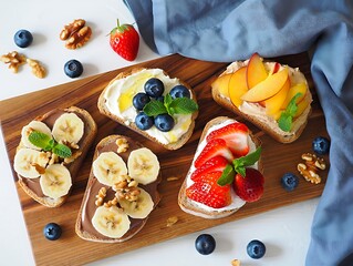 Variety of fruit toast on a wooden cutting board