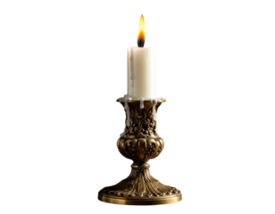 Lit white candle in an ornate bronze candlestick against a black backdrop