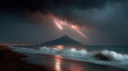 Dramatic coastal scene with meteor-like streaks through stormy skies and island silhouettes