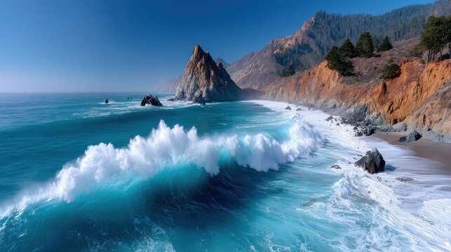 Dramatic coastal panorama with powerful waves crashing onto a rocky beach and cliffs - Powered by Adobe