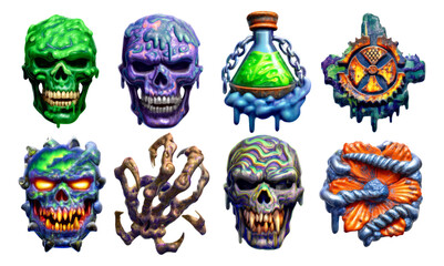Fototapeta premium Colorful Mutated Skulls with Fiery Eyes and Toxic Symbols in an Isolated Design