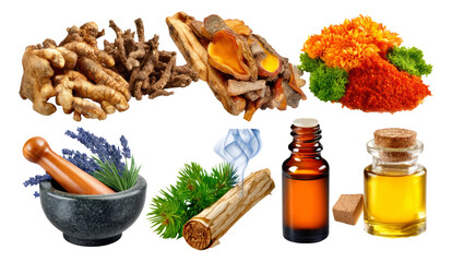 Assorted Herbal Ingredients and Medicine Bottles on Transparent Background