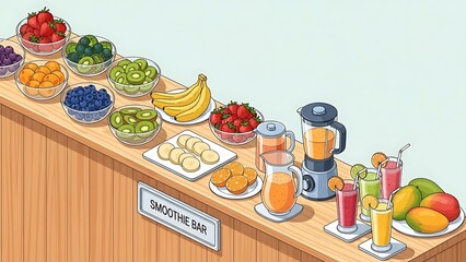 Freshly Prepared Smoothies and Juices at a Vibrant Smoothie Bar with an Assortment of Fruits and Blenders