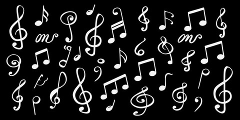 Collection of various white musical notes and symbols on a black background