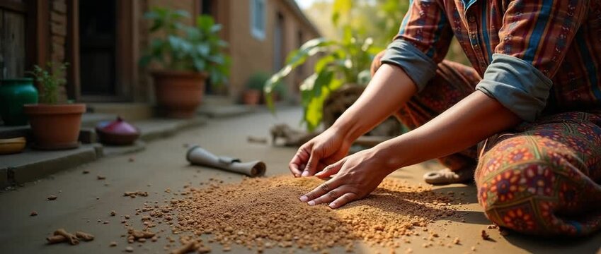 Hands skillfully sort grains on a rustic outdoor pathway as the camera gently pans, capturing the serene, ambient motion of swaying leaves, in a cinematic, artisanal scene.