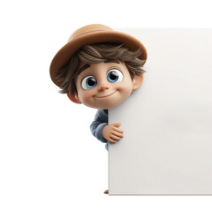 Cute 3d Cartoon Boy in a Hat Peeking Behind a White Board with a Smile