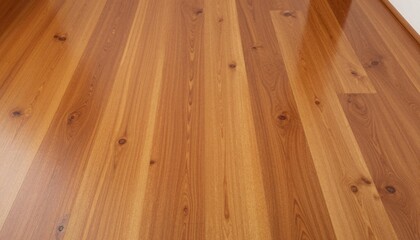 Polished warm brown hardwood floor with long wooden planks, natural grain and knots, glossy finish reflecting light in an interior setting
