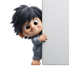 Cute 3d Animated Boy Peeking from Behind a White Board with a Playful Smile