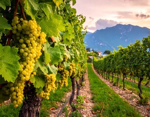 Vineyards rows bear grapes under a soft light, against mountains and sunset clouds