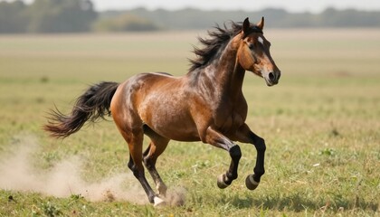 Bay horse galloping across a sunlit grassy field with flowing mane and tail, kicking up dust