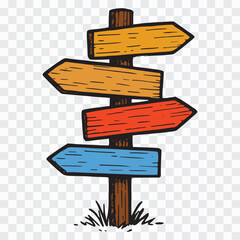 Colorful Hand-Drawn Wooden Signpost with Directional Arrows