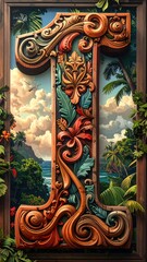 Ornate carved number one on tropical backdrop, framed by vines, under a cloudy sky