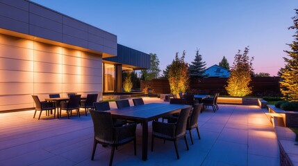 Fototapeta premium Contemporary rooftop patio at dusk featuring warm-lit dining tables, lounge chairs, and landscaped trees. Now