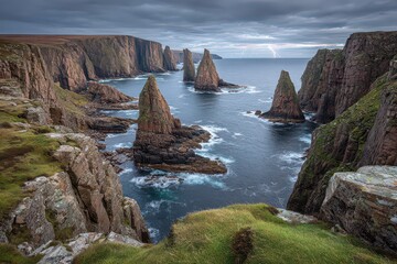 Dramatic Coastal Cliffs and Sea Stacks Under Overcast Sky in Shetland Scotland Landscape with Rugged Rocks and Turquoise Water