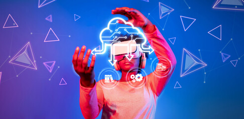 Explore the synergy of cloud computing and virtual reality in this vibrant digital illustration, showcasing data transfer and advanced tech interactions for businesses. XDMCP