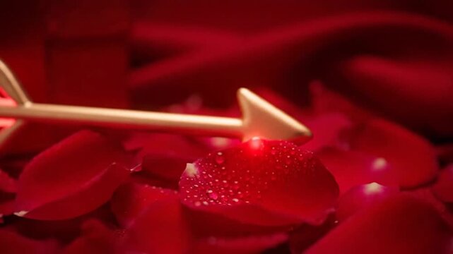 Golden arrow with a glowing tip resting on a bed of vibrant red rose petals, symbolizing love and romance.