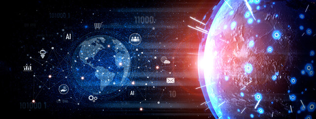 Global AI-powered digital network ecosystem connecting data, finance, analytics, ecommerce, communication, and automation across continents through technology and cloud Vouch