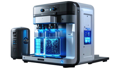 Futuristic machine with glowing blue lights and two bottles