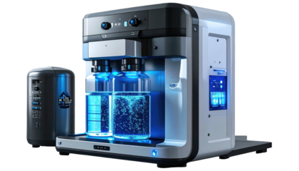 Futuristic machine with glowing blue lights and two bottles