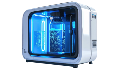 Futuristic machine holding a vial, glowing blue, with beaker