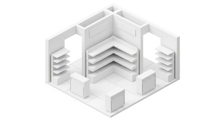 Isometric 3D rendering of a minimalist white corner retail store interior with shelves and display units.