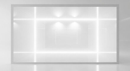 Fototapeta premium Modern minimalist white exhibition booth with bright LED strip lighting and spotlights.