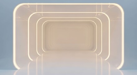 Abstract glowing tunnel with nested rounded rectangular frames and reflective surface.