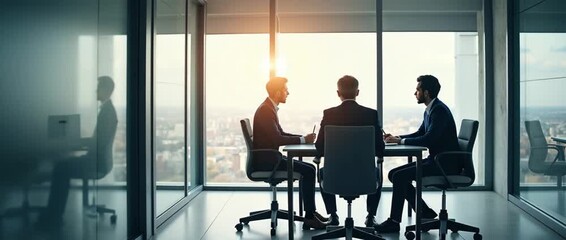 Three business professionals engage in a strategic meeting in a modern office, as the camera slowly tracks around the table, capturing the cityscape view in a cinematic style. - Powered by Adobe