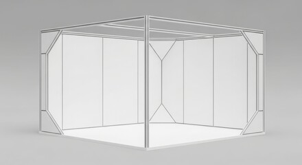 Empty modular exhibition booth with white panels and a light gray frame, rendered in 3D.