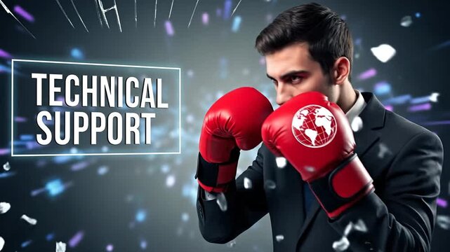 Boxing Technical Support: A determined individual, adorned in boxing gloves, stands ready to tackle technical challenges, embodying the strength and resolve needed to offer support.