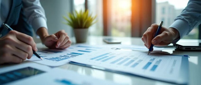 Business professionals analyze financial reports in a sunlit office, with papers shifting subtly; camera gently pans across the scene, capturing a cinematic focus on teamwork and strategy.