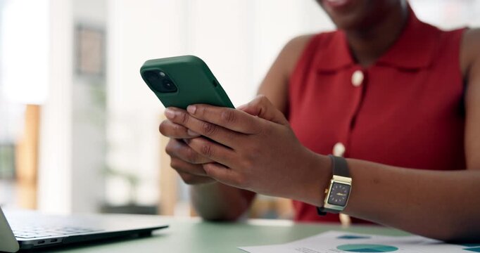 Hands, typing and business woman with mobile for social media marketing, web traffic or analytics. Phone, marketer and person in workplace with data for campaign review, text or communication online