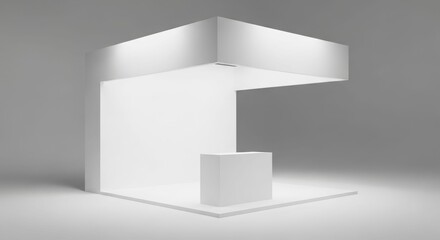 A minimalist, white exhibition stand with built-in lighting, presented in a clean studio environment, ready for branding and display at a trade show or event.