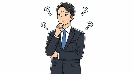 顎に手を当てて真剣に考える日本のビジネスパーソン - 検討と課題解決のアニメ・ウェブトゥーン風イラスト
