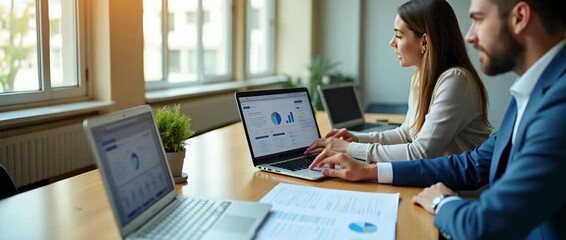 Professionals collaborate in a modern office, analyzing data on laptops as the camera gently pans, capturing dynamic teamwork and productivity in a bright, cinematic setting. - Powered by Adobe