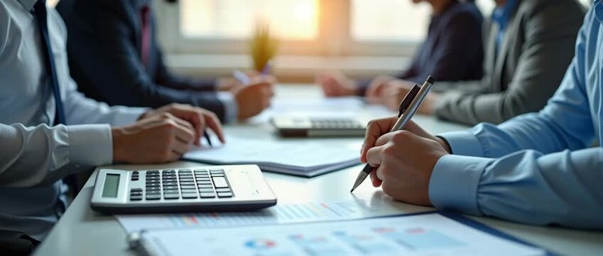 Business professionals collaborate in a modern office, analyzing digital data on screens and tablets, as the camera slowly pans, capturing the dynamic teamwork in a cinematic style.