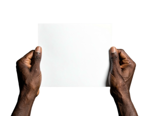 Dark-skinned hands hold a blank square paper against a black backdrop