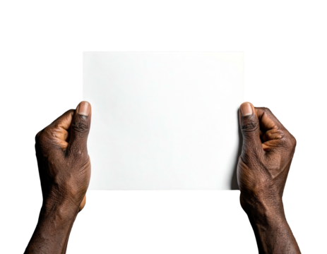 Dark-skinned hands hold a blank square paper against a black backdrop - Powered by Adobe