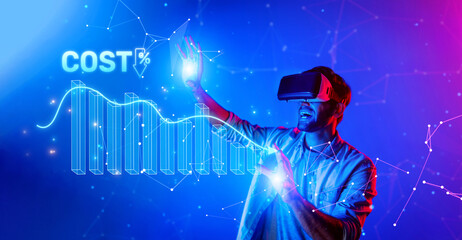 A man engages with cost reduction data through a virtual reality headset, surrounded by an...
